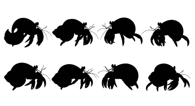 Eight crab silhouettes arranged in two rows on a white background showcasing various crab poses and movements.