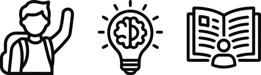 Education and creativity icon set with student, brain lightbulb, and reading book © MDKawsar