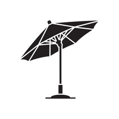Obraz premium A black and white of an open beach umbrella on a stand, featuring a canopy and central pole, isolated on a white background