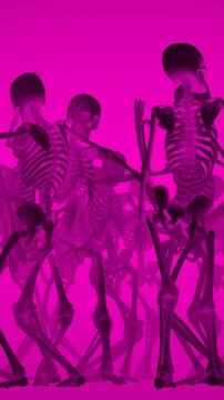 Orange seamless vertical video of skeletons with a sensual dance. Funny halloween background.