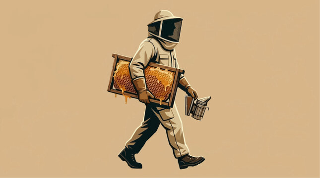 Beekeeper's Harvest: A beekeeper in full protective gear walks carrying a honeycomb frame brimming with golden honey, alongside a smoker.