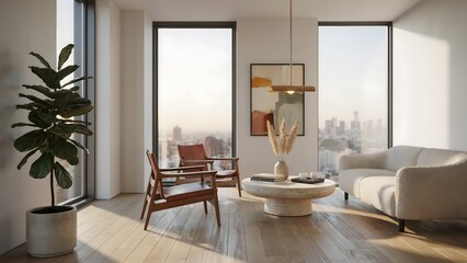 Fototapeta premium Modern city apartment interior with large windows, minimalist furniture, and decorative plants