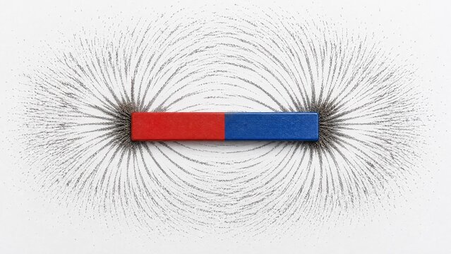 magnet. A bar magnet with iron filings showing curved magnetic field lines. STEM education sheets, lab safety posters, designed for STEM education and laboratory safety posters.
