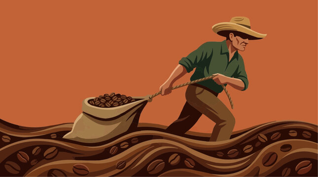 Hardworking Farmer Harvesting Coffee Beans: A farmer, wearing a straw hat, toils in a field of coffee beans, pulling a heavy sack filled with the precious harvest.