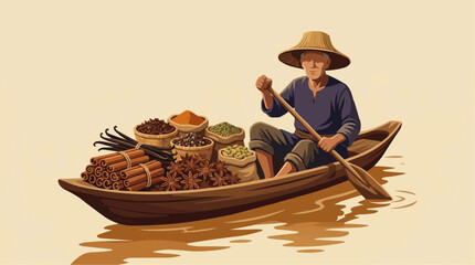 Obraz premium Floating Spice Vendor: A solitary vendor, clad in a conical hat, rows a boat laden with a vibrant assortment of spices down a calm waterway, offering a glimpse into traditional trade.