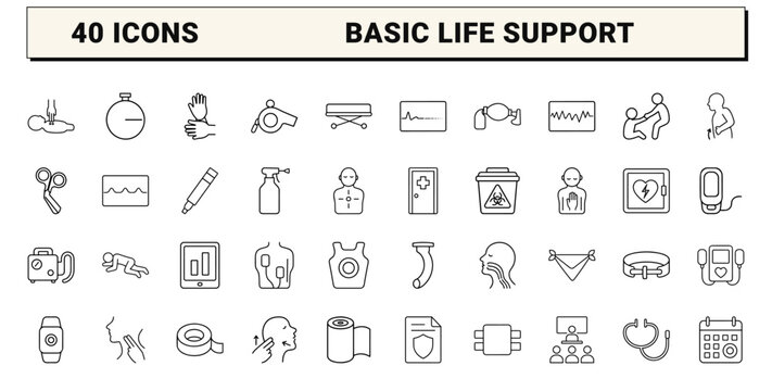 Basic life support training line icon set. Vector pictograms of cpr, medical simulation, first aid, and emergency response elements, thin linear illustration.