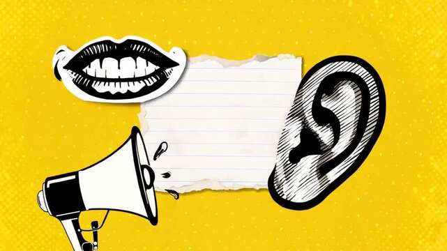 Communication Concept with Open Mouth, Ear, and Megaphone on Yellow Background
