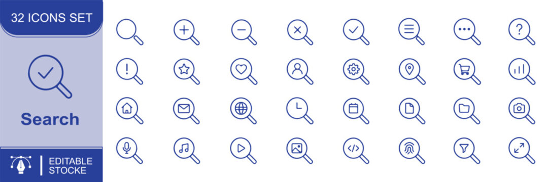 Set of 32 Search icons Each icon will be different, create a vector outline icons using white background and black color
