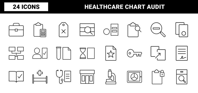 Medical coding review line icon set. Vector pictograms of healthcare compliance, clinical documentation, hospital audit, and medical billing elements, thin linear illustration.