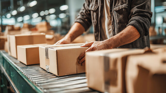 Worker sorting cardboard boxes on conveyor belt