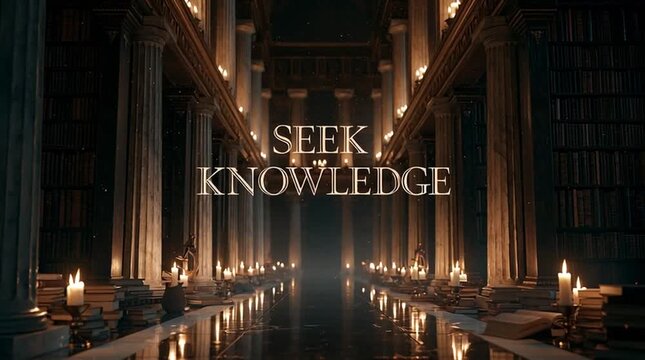 Ancient Greek library hidden in darkness, illuminated by warm candlelight and floating dust particles, with elegant centered typography in large negative space reading &ldquo;SEEK KNOWLEDGE.&rdquo;