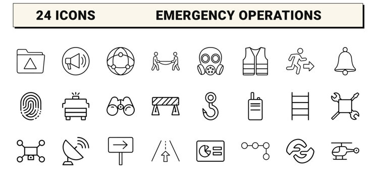 Emergency management line icon set. Vector pictograms of operations, security, medical, and transportation elements, thin linear illustration.