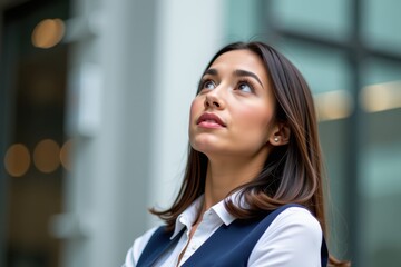 Fototapeta premium Young woman looks upward with thoughtful expression