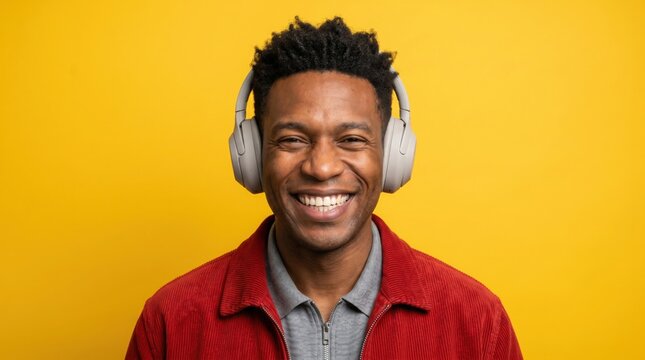 Happy Black Man Wearing Headphones and Red Jacket Against Yellow Background