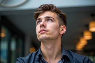 Naklejka premium Young man gazes upward with hopeful expression