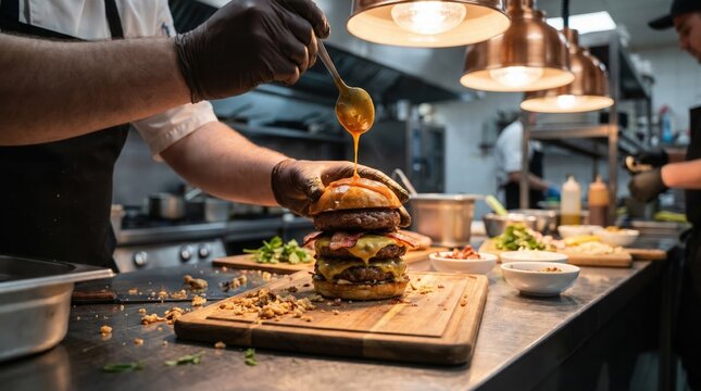 Chef preparing a gourmet triple cheeseburger with bacon and sauce in a professional kitchen