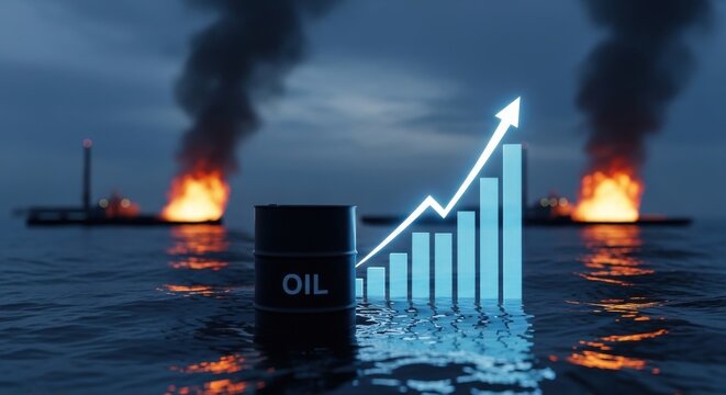 Rising oil prices concept with glowing financial growth chart, black crude oil barrel in ocean, burning offshore drilling rigs at dusk