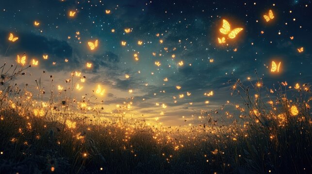 An open sky with glowing, floating poems drifting between the stars, creating a cosmic dance
