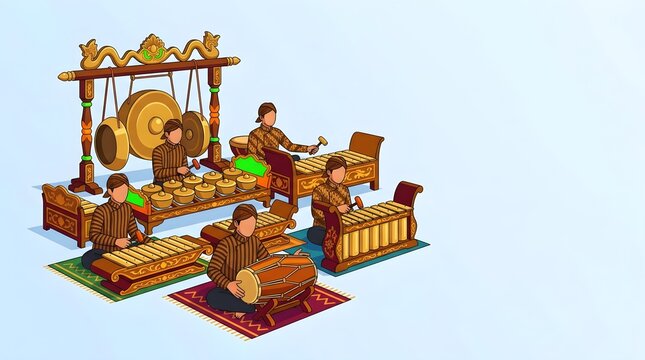 Isometric Vector Illustration of Traditional Indonesian Gamelan Ensemble Musicians with Gong, Kendhang, and Saron Instruments