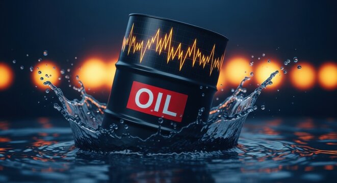 Industrial oil barrel splashing in dark water, black fuel drum with financial chart and oil text, energy market volatility concept