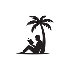 Fototapeta premium Black silhouette of a person sitting under a palm tree reading a book, isolated on a white background, flat for leisure