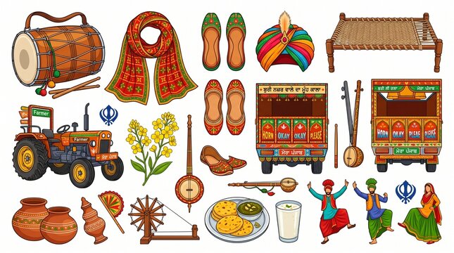 Punjabi culture vector illustration set, traditional bhangra dance and dhol drum icons, colorful sikh heritage elements for festival design
