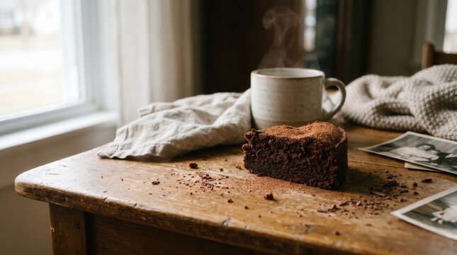 Warm Chocolate Cake Slice with Steaming Coffee and Old Photographs on Wooden Table