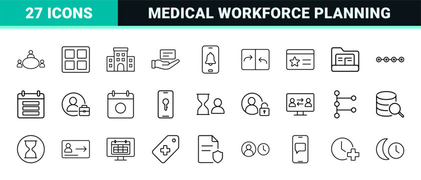Clinical staff scheduling line icon set. Vector pictograms of medical shift, healthcare roster, hospital workforce, and employee tracking elements, thin linear illustration.