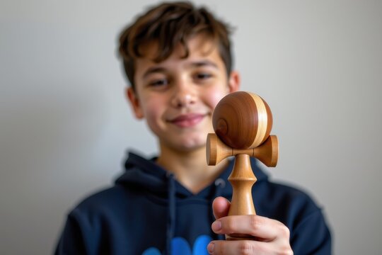 Young boy smiles gently, holding wooden kendama
