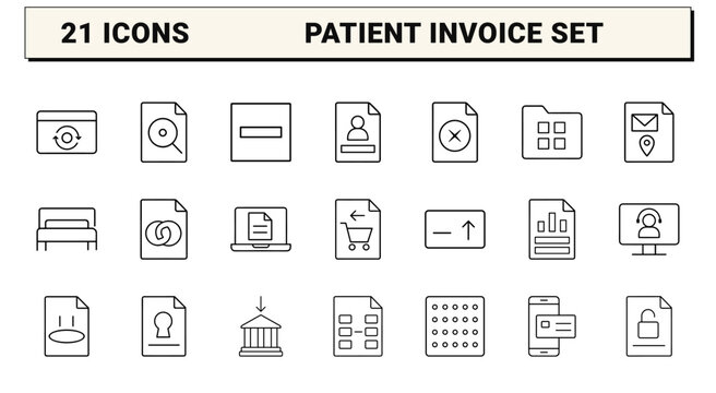 Patient billing statement line icon set. Vector pictograms of medical invoice, healthcare financial, account balance, and insurance payment elements, thin linear illustration.