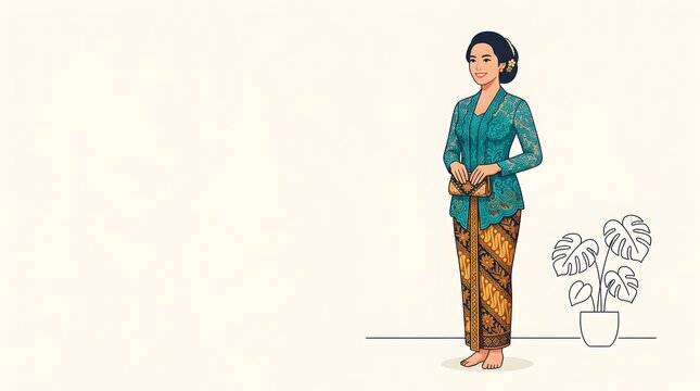 Illustration of Elegant Indonesian Woman in Traditional Teal Kebaya and Batik Sarong