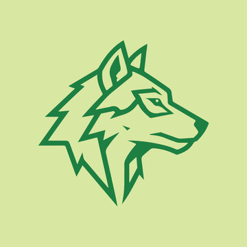Fox and dGreen wolf head vector logo design, geometric silhouette of wild fox or coyote face, predator line art illustration isolated on light green backgroundeer silhouette