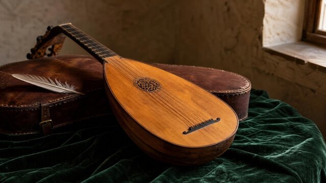 lute. Medieval lute resting on velvet cloth with a feather tucked in its case. event programs, museum guides, designed for cultural heritage projects and event programs, supports education.