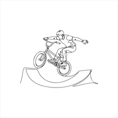 Naklejka premium Man riding bicycle on ramp in continuous line drawing style performing trick