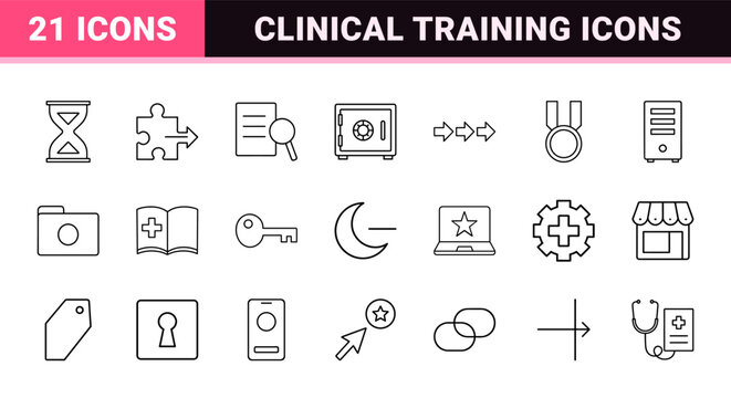 Continuing medical education line icon set. Vector pictograms of professional training, clinical compliance, healthcare certification, and medical seminar elements, thin linear illustration.