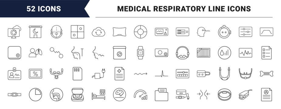 Sleep disorder treatment line icon set. Vector pictograms of cpap machine, therapy mask, diagnostic screening, and patient compliance elements, thin linear illustration.