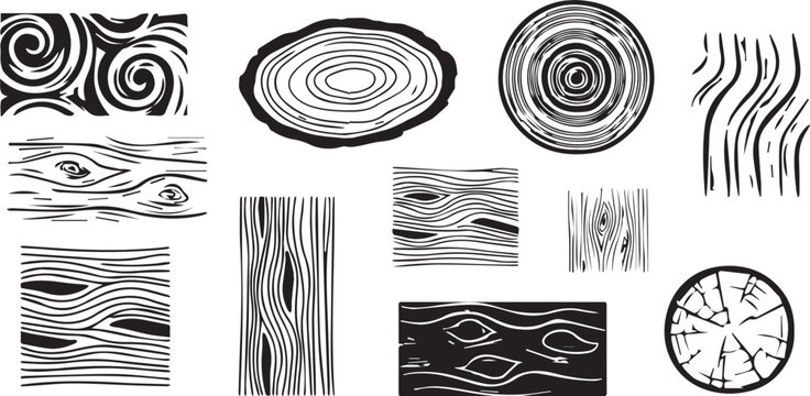 Wooden logs textures. Wood concepts graphics, lumber circles top view. Vintage outline tree rings stumps, cut trees structure racy vector collection