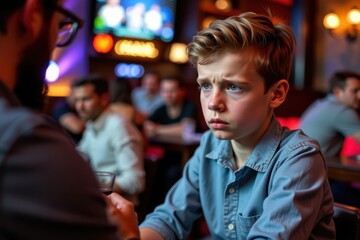 Fototapeta premium Young boy stares intently at adult across dimly lit bar