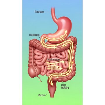 Human Digestive System Anatomy Illustration with Labeled Organs and Pathways.