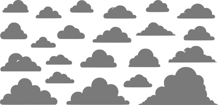 A collection of grey clouds on a white background