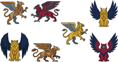 Griffin Collection Featuring Geometric Mythical Creatures with Majestic Wings and Fantasy Beast Characters for Vector Illustration Set © MstSuborna