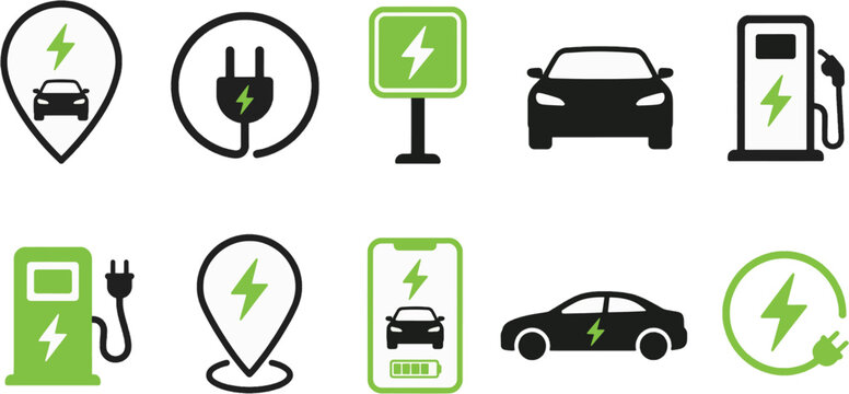 Electric Vehicle Charging Station and EV Eco Transport Icon Set