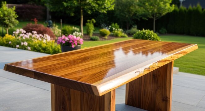 Glossy Wooden Outdoor Dining Table in a Lush Garden Setting.