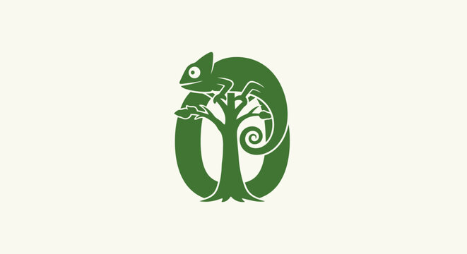 Green chameleon wrapped around tree branch logo.