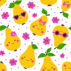 Obraz premium Kawaii pear characters seamless pattern, fruit vector