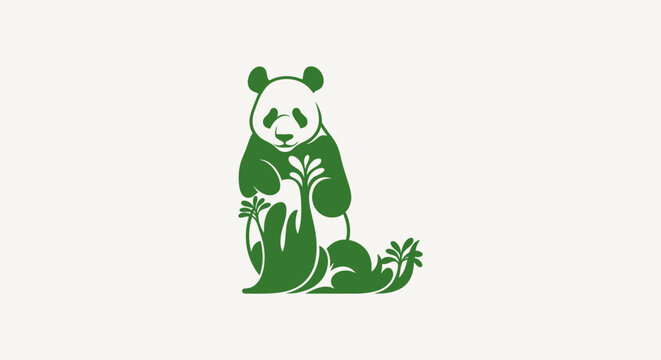Green panda illustration sitting with bamboo leaves.