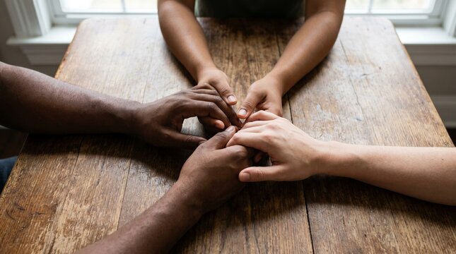 A diverse group of people holding hands around a table, signifying unity, hope, and shared connection