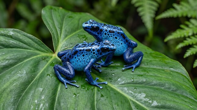 Pair of blue poison dart frogs on green tropical leaf