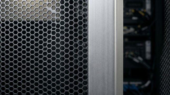 Macro view of a dark metal hexagonal ventilation grille on a data server rack, cloud computing infrastructure, network technology background, modern electronics.