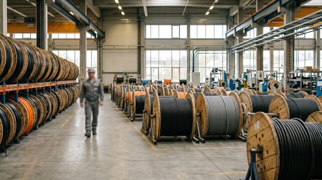 Blurred worker walking between long aisles of large wooden cable drums in a spacious industrial warehouse, manufacturing plant, industrial logistics, heavy equipment storage.